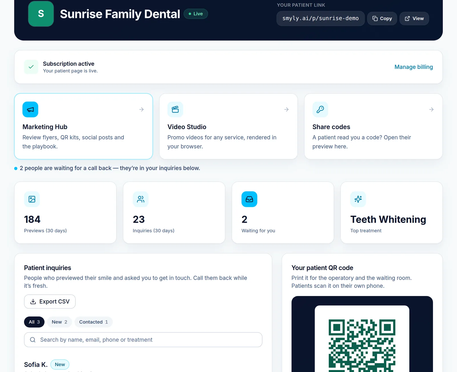 The practice dashboard for a demo practice: live status, the patient link, preview and inquiry counts, the inquiries inbox and the patient QR code