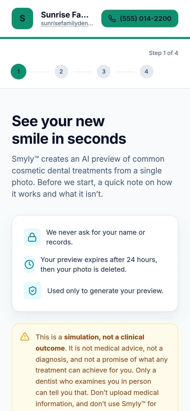 Step one on a phone: the practice's branded Smyly page with the consent gate