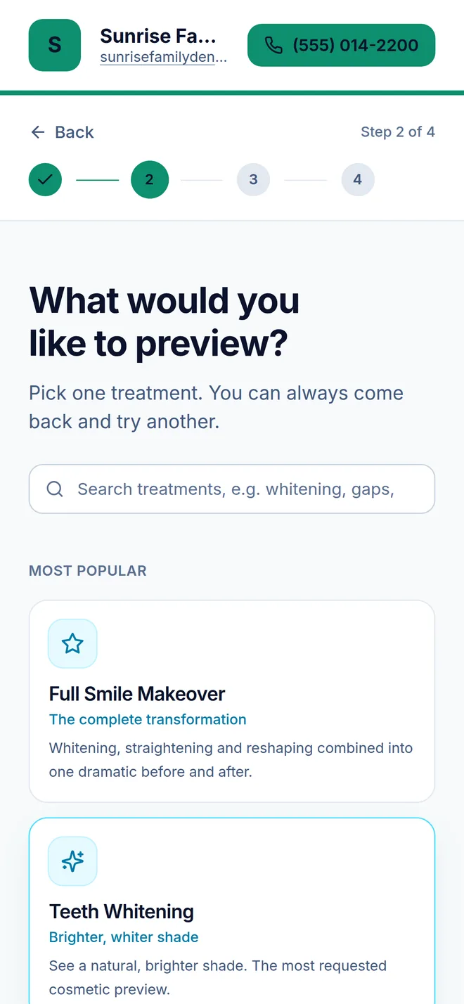 Step two on a phone: choosing a treatment to preview from the list