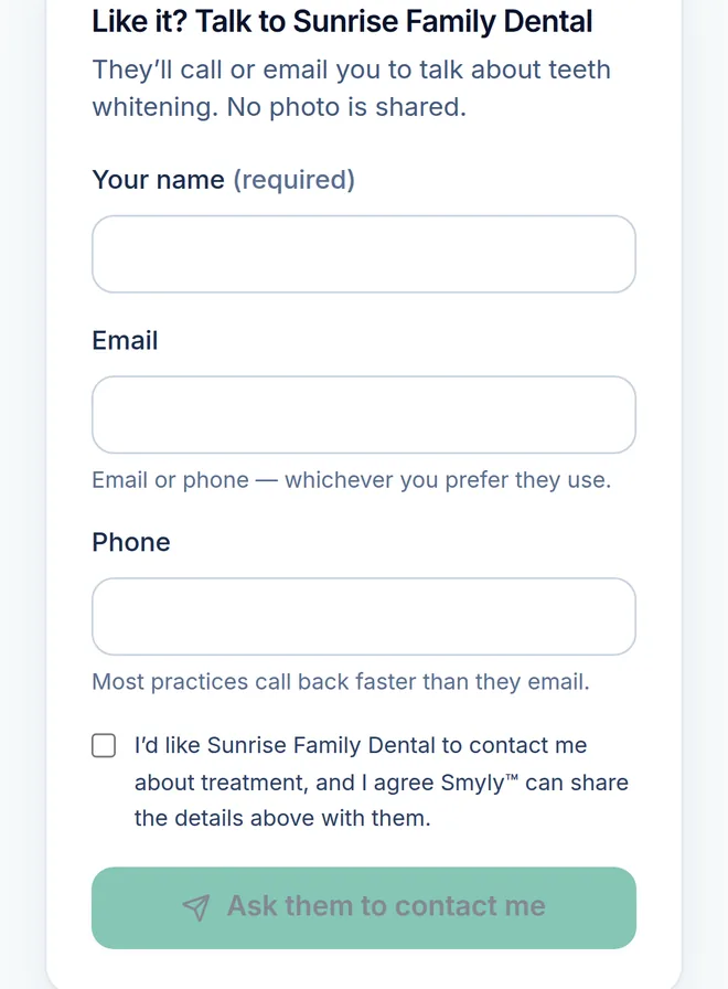 The patient's phone: the opt-in contact form that says no photo is shared, with a consent checkbox