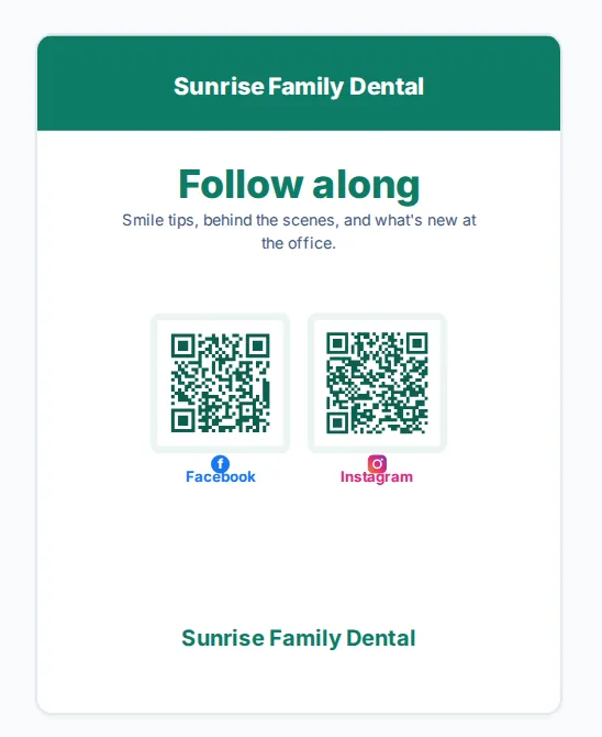 A generated follow-us flyer with QR codes for the practice's Facebook and Instagram