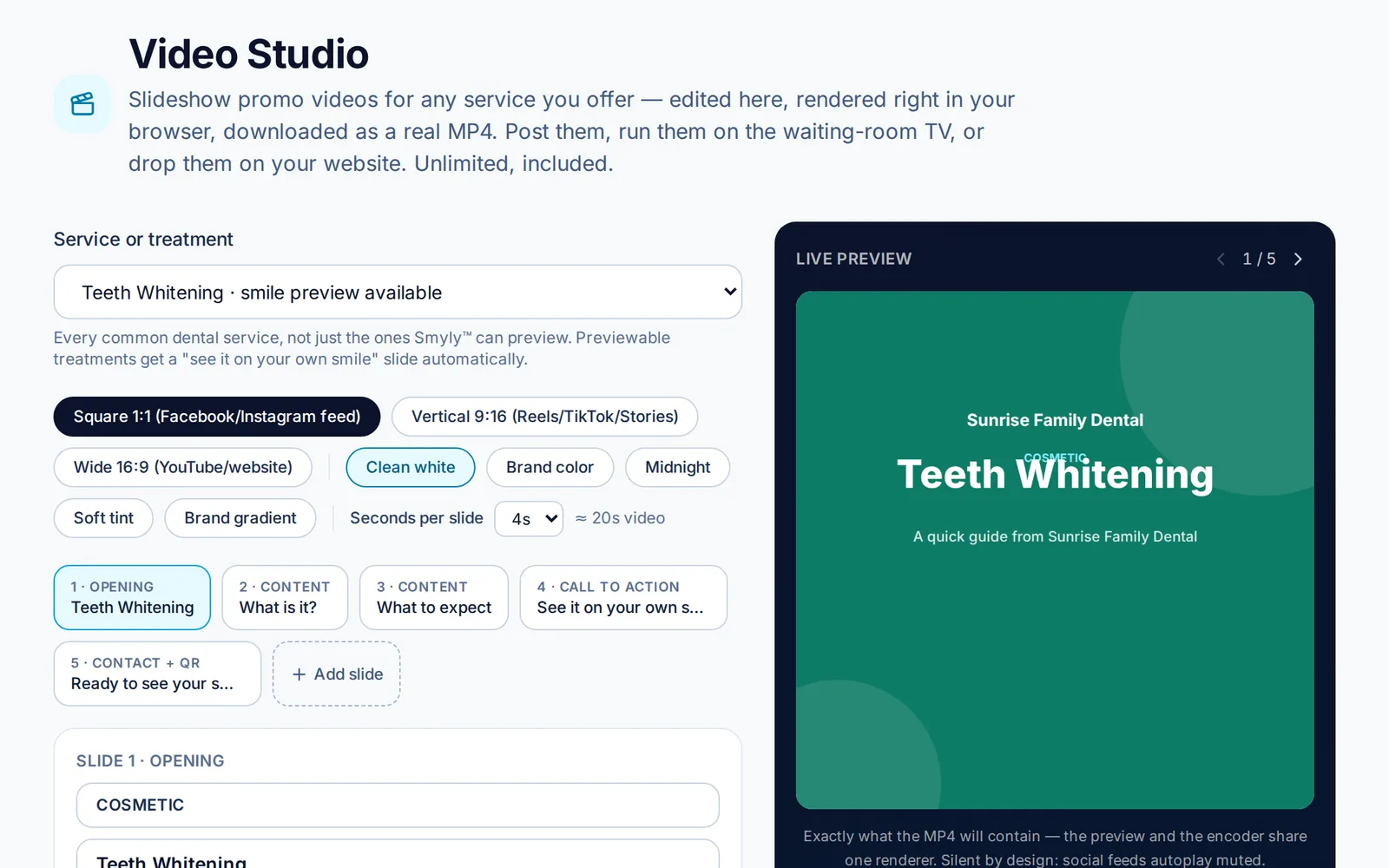 The Video Studio: a slide editor with format and theme controls beside a live preview of a Teeth Whitening promo video