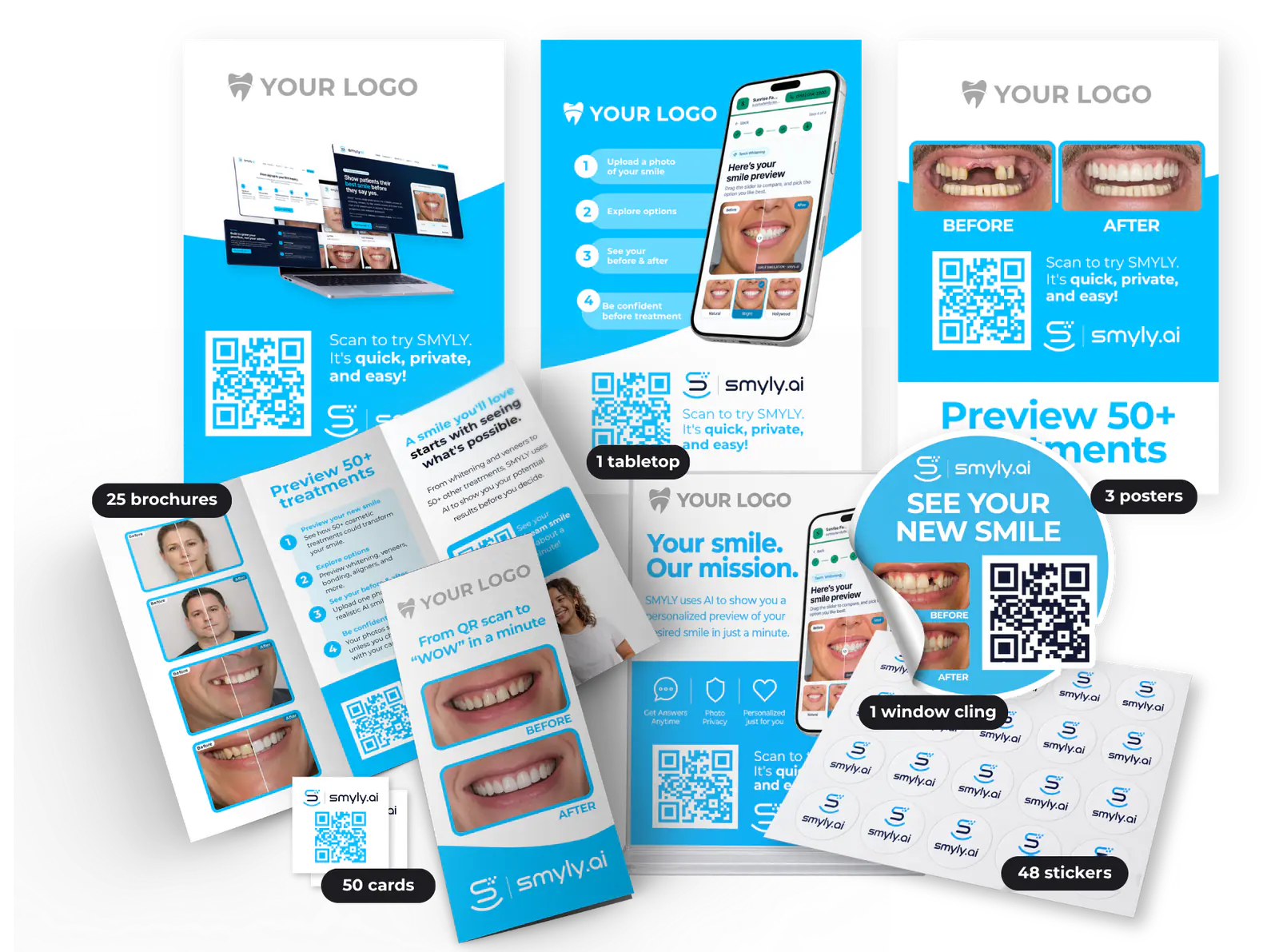 The Smyly welcome kit laid out flat: three posters, twenty-five tri-fold brochures, a tabletop display, a window cling, fifty QR cards and a sheet of forty-eight stickers, each piece printed with a sample practice logo and a QR code that opens the practice's patient page
